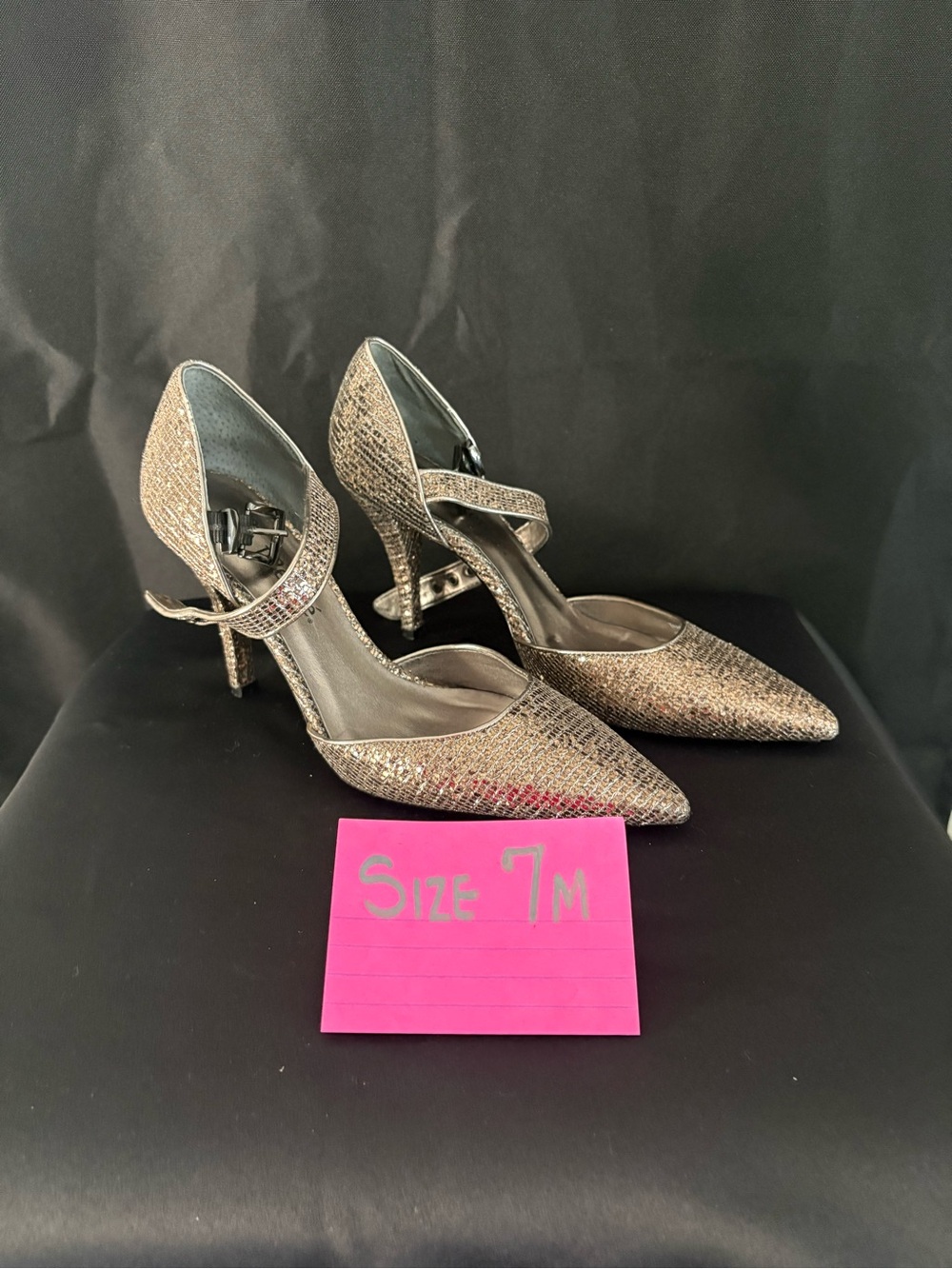 Anne Klein Metallic Bronze Pointed Toe Ankle-Strap Heels